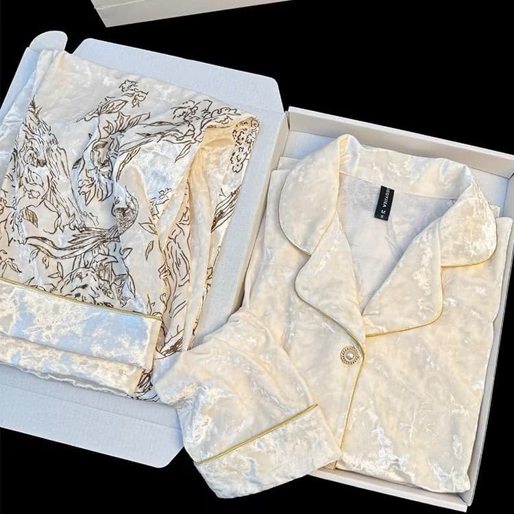 Outono inverno novo estilo pijamas de veludo dourado terno feminino Loungewear lapela High-End F