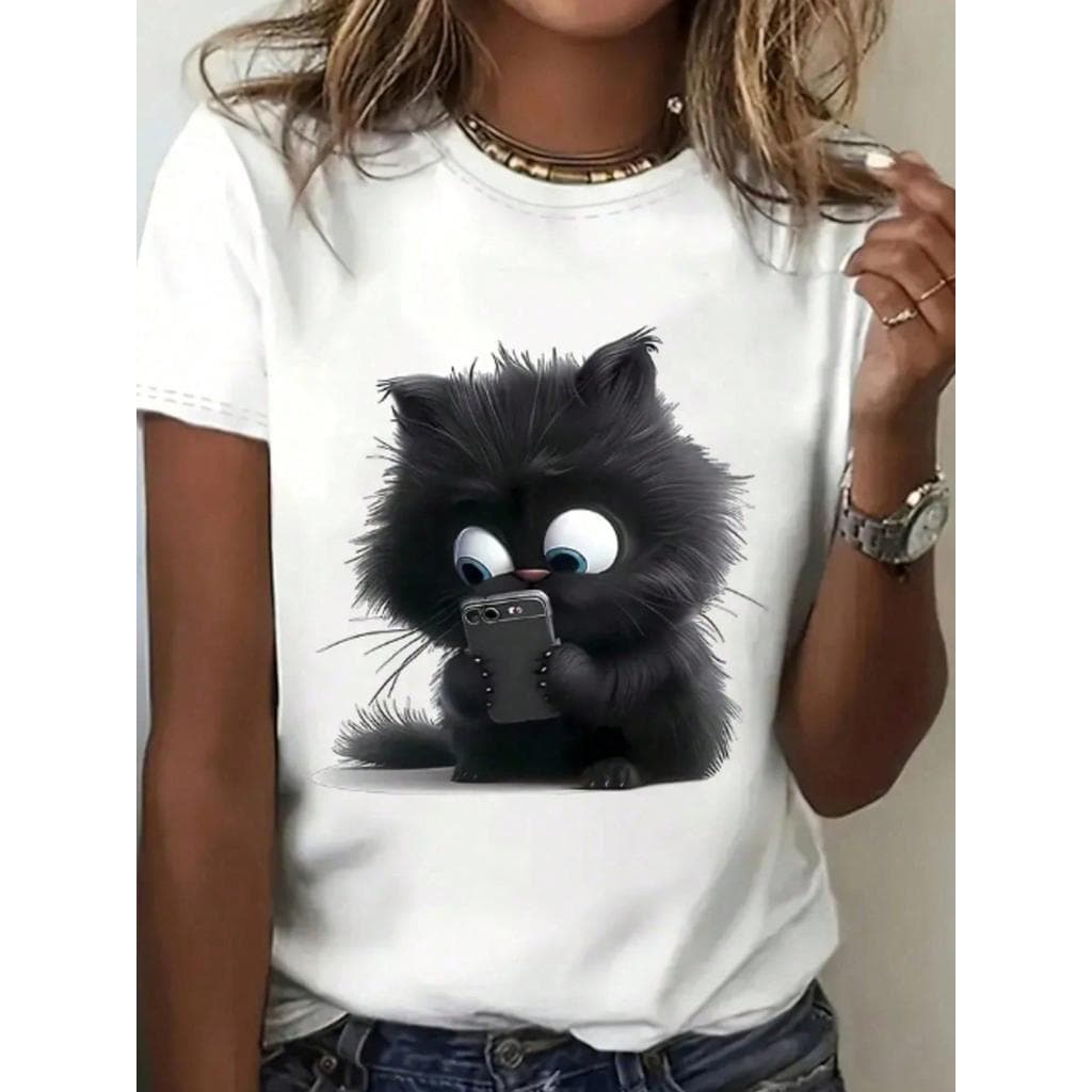 Camiseta Feminina de Gola Redonda Estampada com Desenho de Gato, Moda T-shirt Feminina com Estampa de Gato, Camise