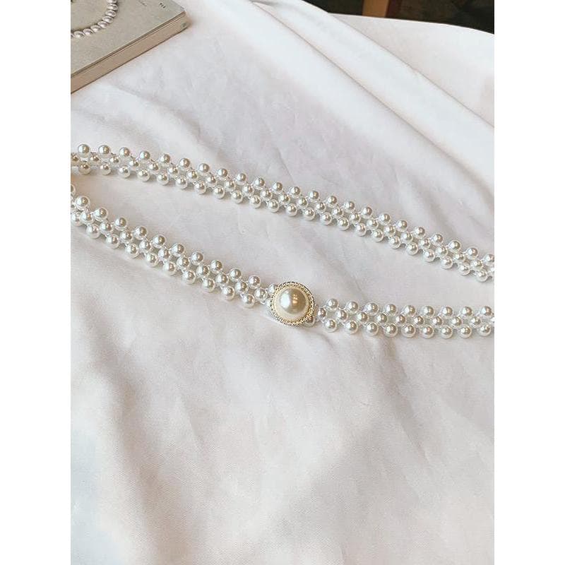 Corrente de cintura de pérola feminina grande pérola diamante elástico cintura estreita decoração combinando saia cinto