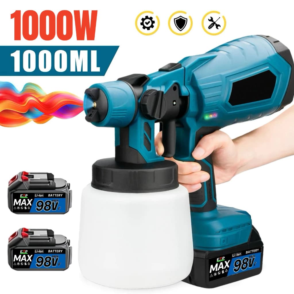 Pistola De Pintura Recarregável 2 Baterias 3 Bicos Profissional Pulverizador De Tinta1000W 1000ml