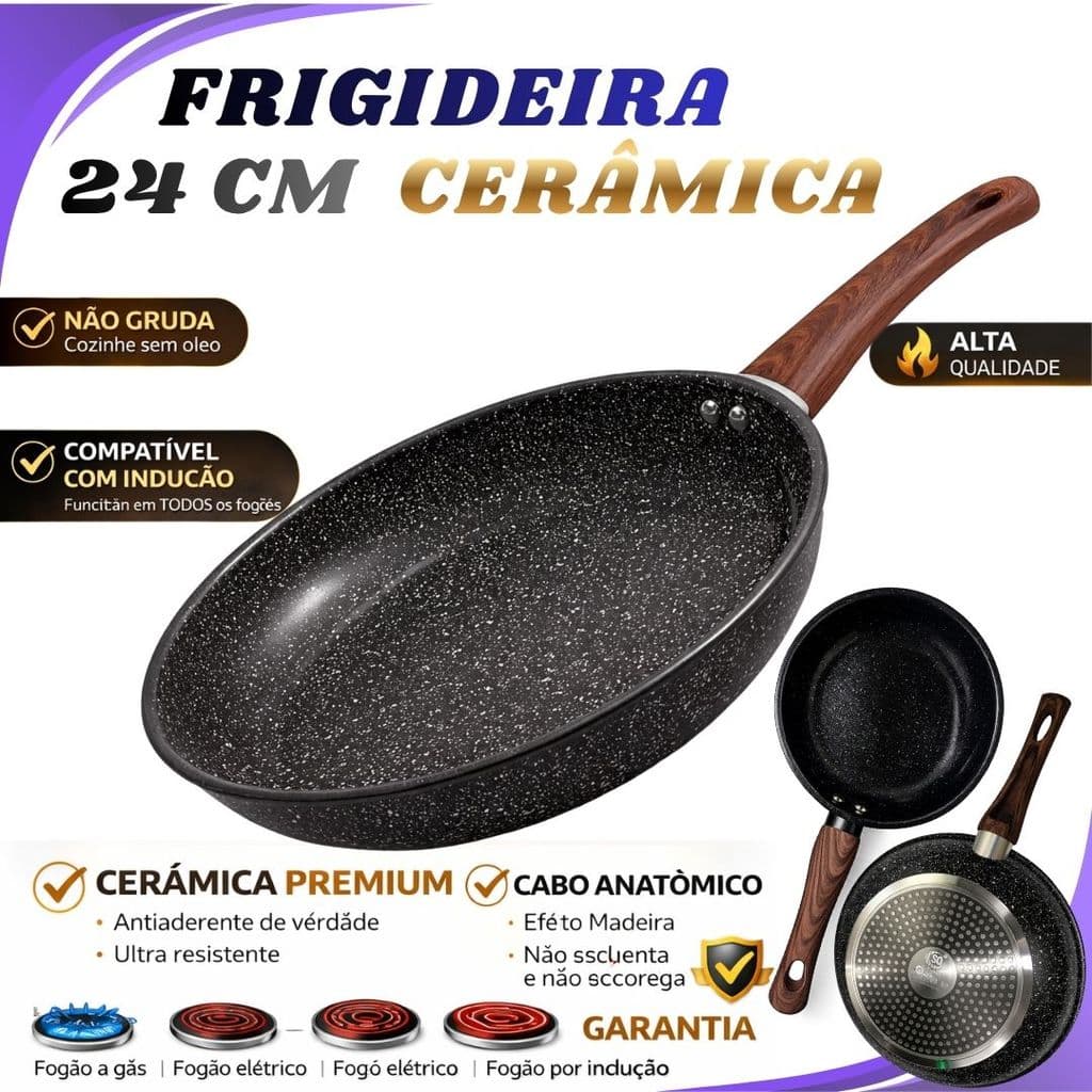 Frigideira Indução Revestimento Cerâmico Granito Cabo Madeira Cozinha