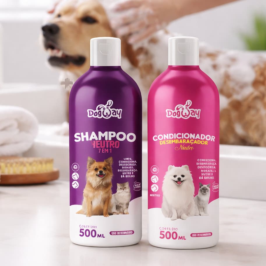 Kit shampoo com 2 Banho e Tosa Pet 5 Itens Dogway Shampoo Condicionador Desembaraçador 500ml Cães e Gatos