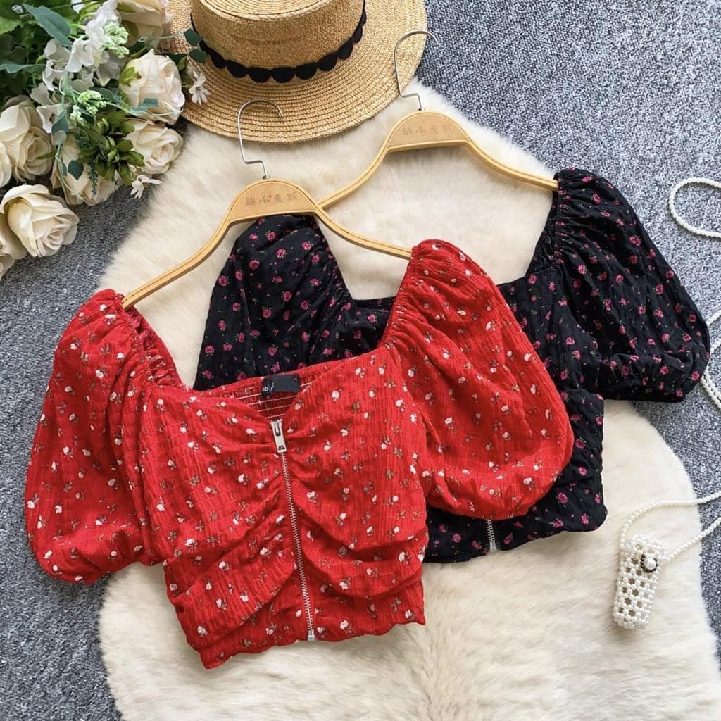 Blusa Feminina Vintage Floral Ombros à Mostra Mangas Bufantes Cropped Verão