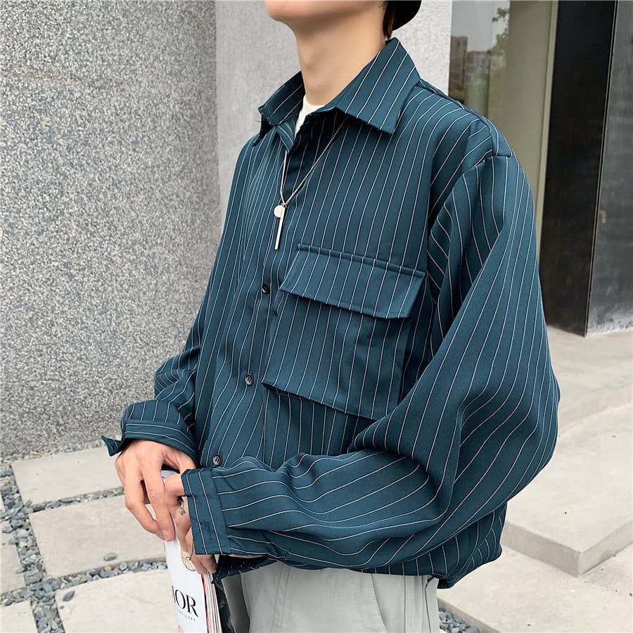 Camisa muito fada masculina de manga comprida ins camisa bonita masculina Street Wear solto listrado polegada camisa mas