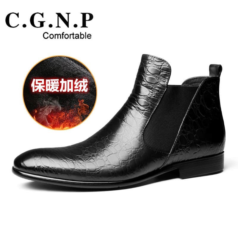 Nova moda coreana botas curtas de couro genuíno Chelsea botas em relevo sapatos de couro de alta qualidade velo quente b