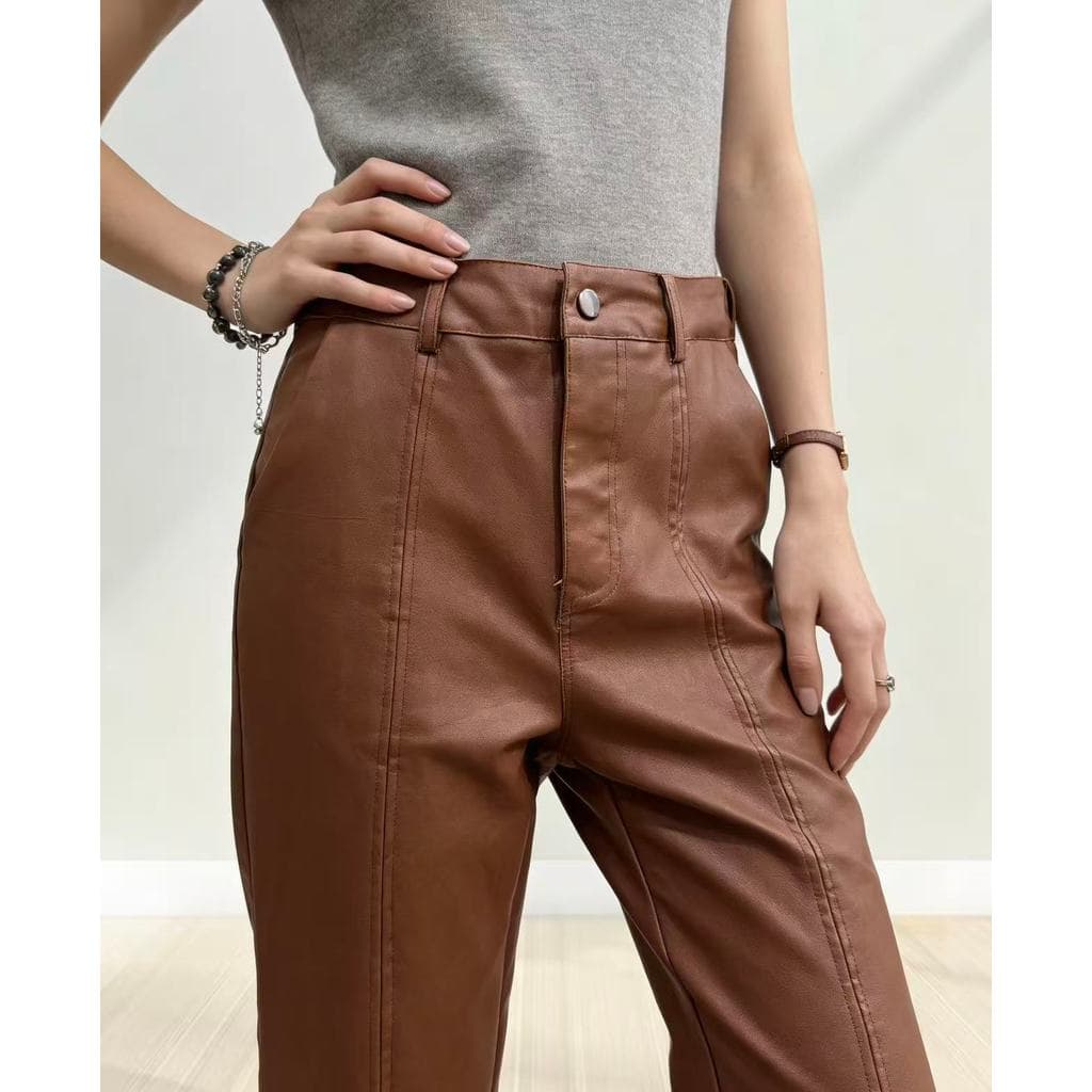 Calça de couro feminina de corte reto estilo europeu e americano, cintura alta, elástica
