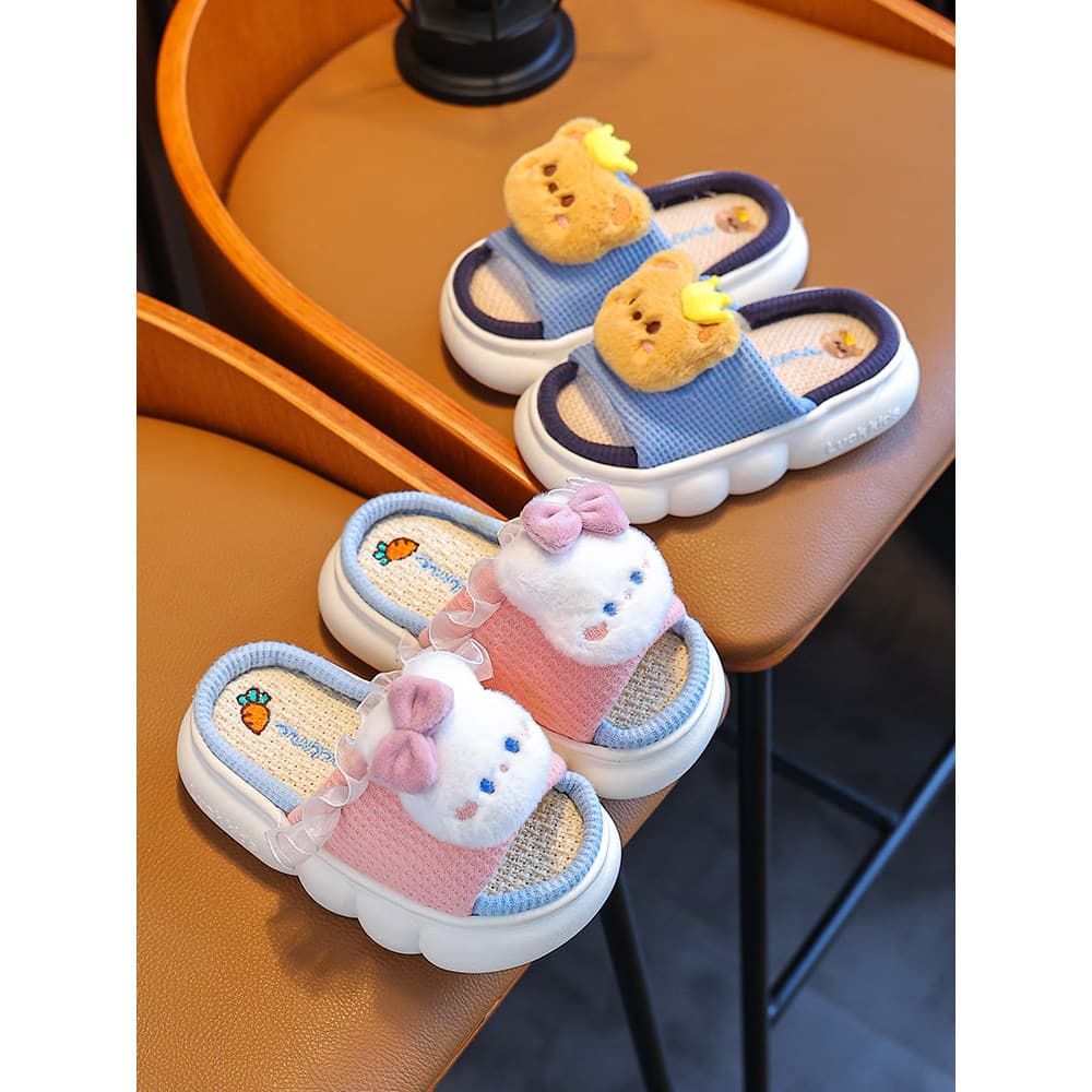 Crianças chinelos de urso de linho primavera outono meninas casa antiderrapante pai-filho quatro estações meninos médio
