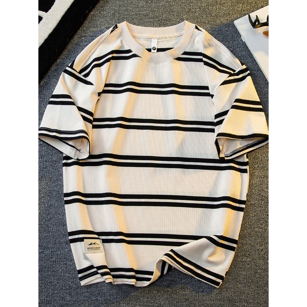 HPCP Japonês Retro Listras Horizontais Malha Camiseta de Manga Curta Masculina Verão Street Wear All-Match