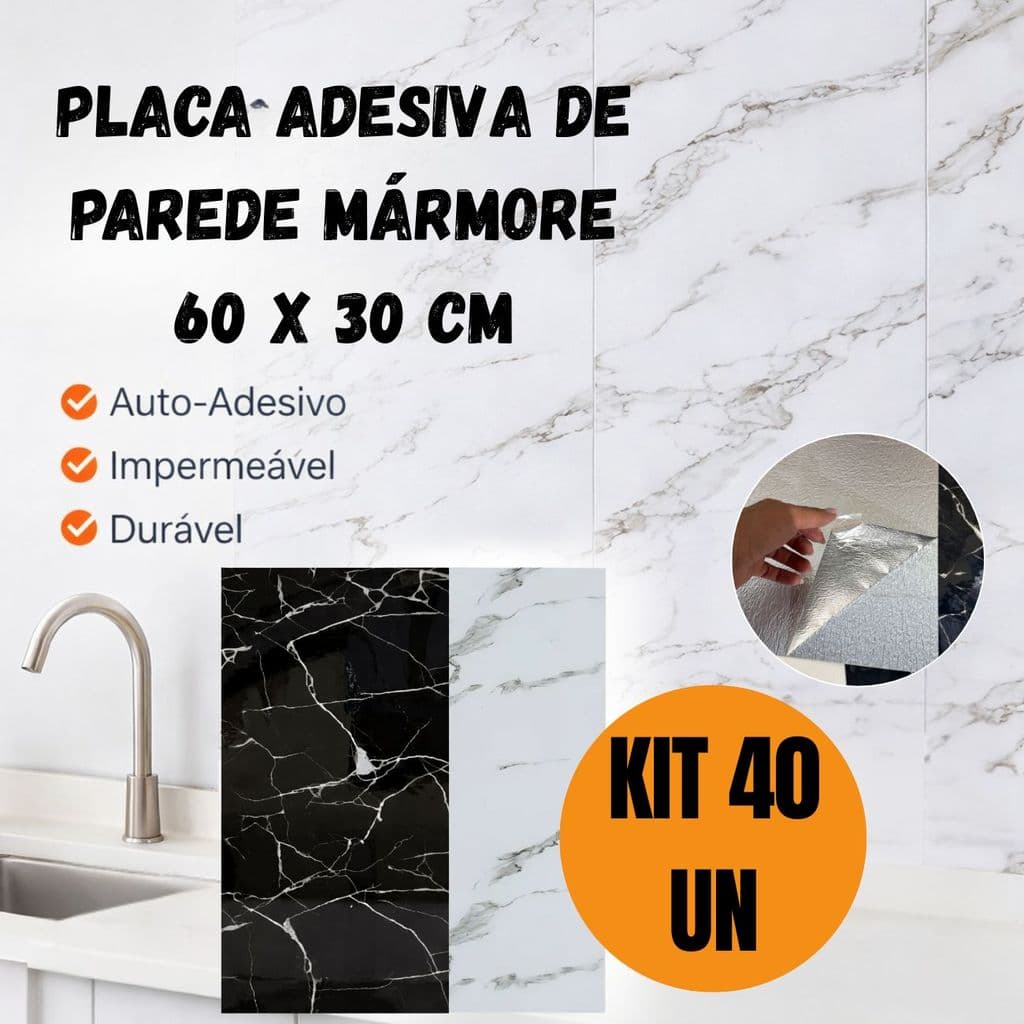 Kit 40 Placas Adesiva Mármore 60x30cm Vinil Autoadesivo