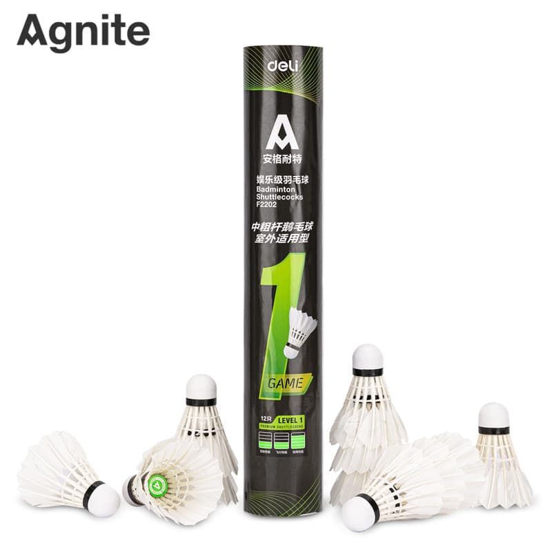 Frete grátis Deli Angnet F2202 Badminton Estável Cortiça Elástica Resistente ao Jogo Pena de Ganso Pacote de 12 unidades