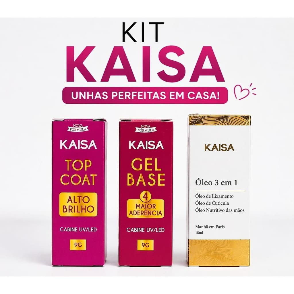 Kit Kaisa Unhas Gel Base Coat + Top Coat Alto Brilho + Óleo 3 em 1 Cutícula Profissional UV LED