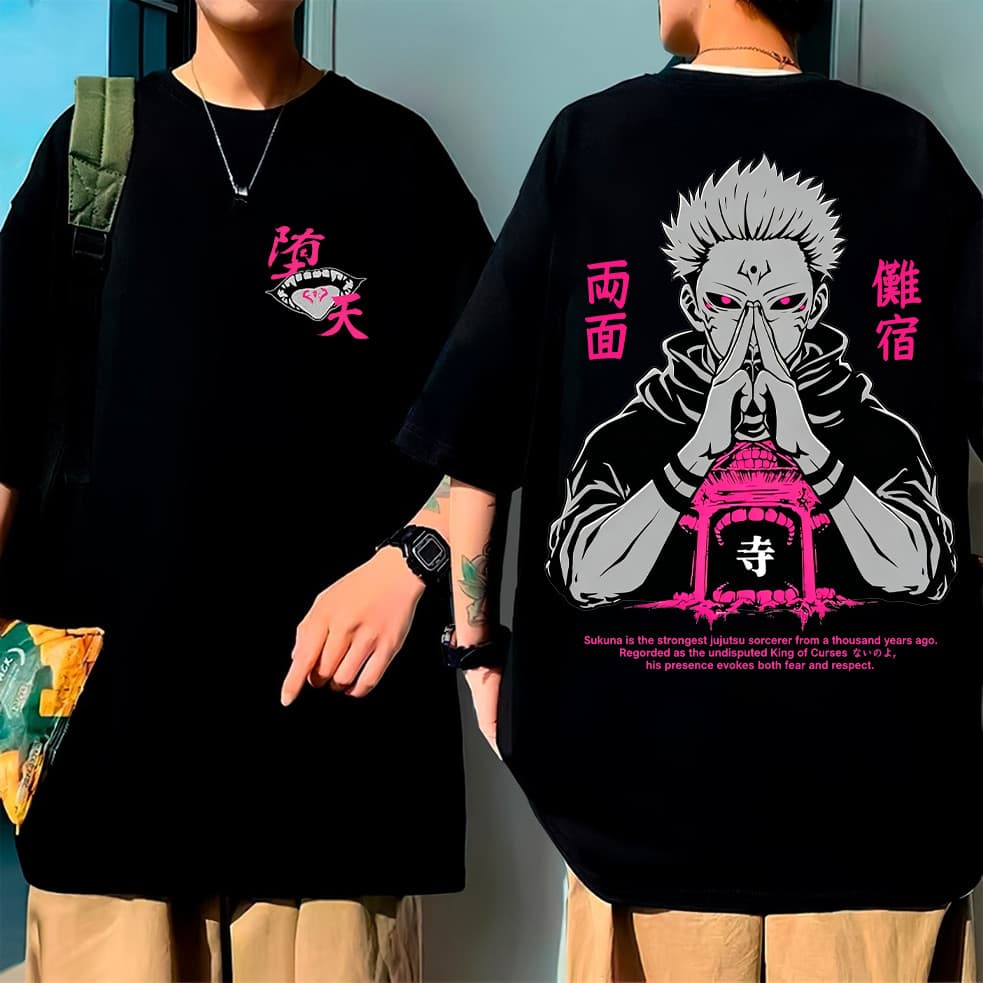 Camiseta Oversized Preta de Algodão Unissex, Ryomen Sukuna Jujutsu Kaisen
