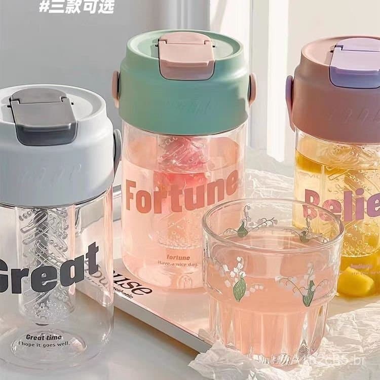 Copo de água de verão para estudantes femininas, copo com canudo moderno, copo de plástico portátil com estampa floral p