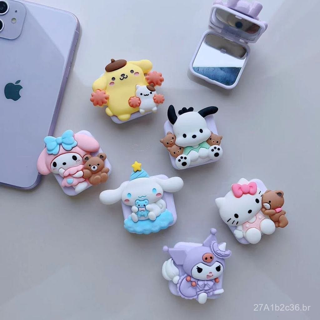 Suporte de espelho quadrado com airbag, espelho de mesa, suporte de celular Sanrio, espelho de maquiagem, urso fofo de d