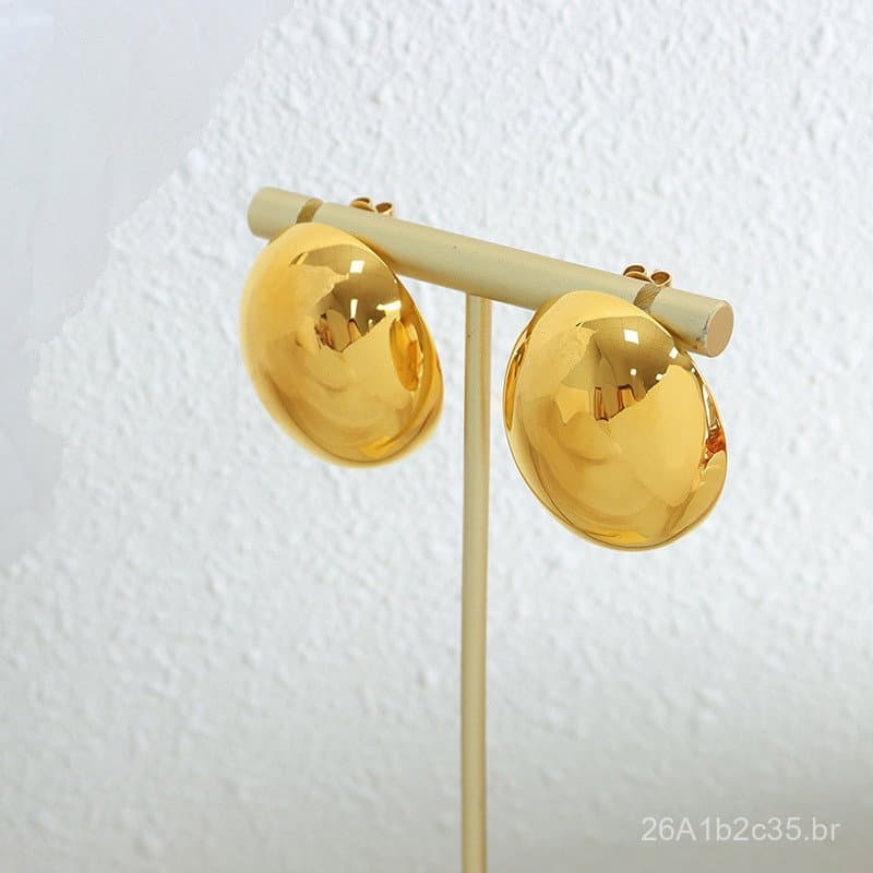 Brincos femininos geométricos de nicho em aço de titânio, estilo minimalista e elegante, com textura lisa e formato oval