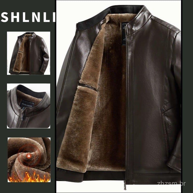 Jaqueta Masculina de Couro PU Espesso, Estilo Americano, Casual, à Prova de Vento, Quente, para Outono e Inverno