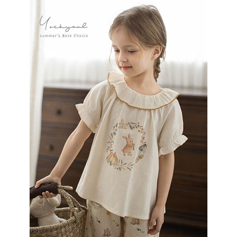 Wulibuyi Meninas Mori Bunny Camisa de bebê verão dentes curvos onda folha de lótus lapela manga bufante camisa solta