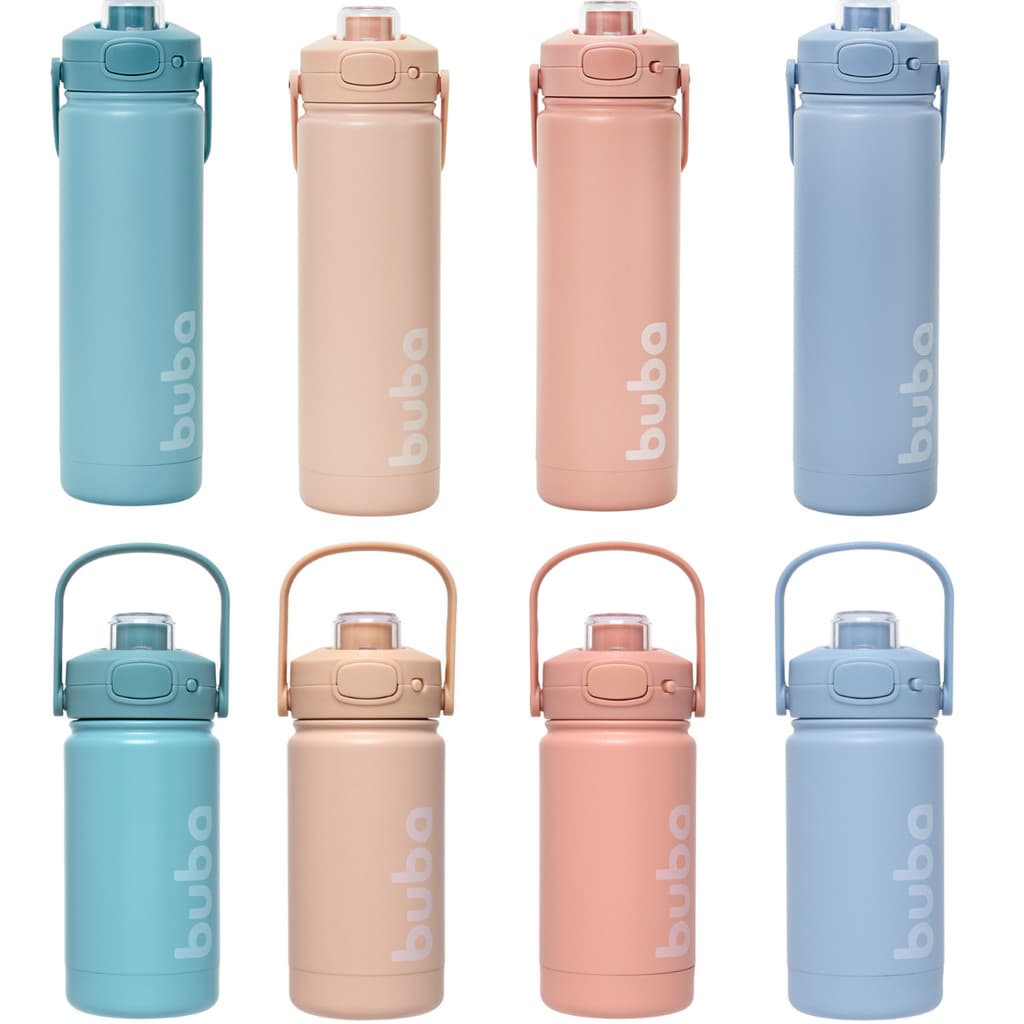 Garrafa Térmica Infantil Inox Parede Dupla Com Alça  350ml e 600Ml - Buba - Rosê, Verde, Azul e Bege