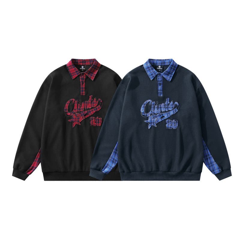 Street Wear Retro versão coreana falso de duas peças xadrez casal camisa solta masculina Casual camisa de manga comprida