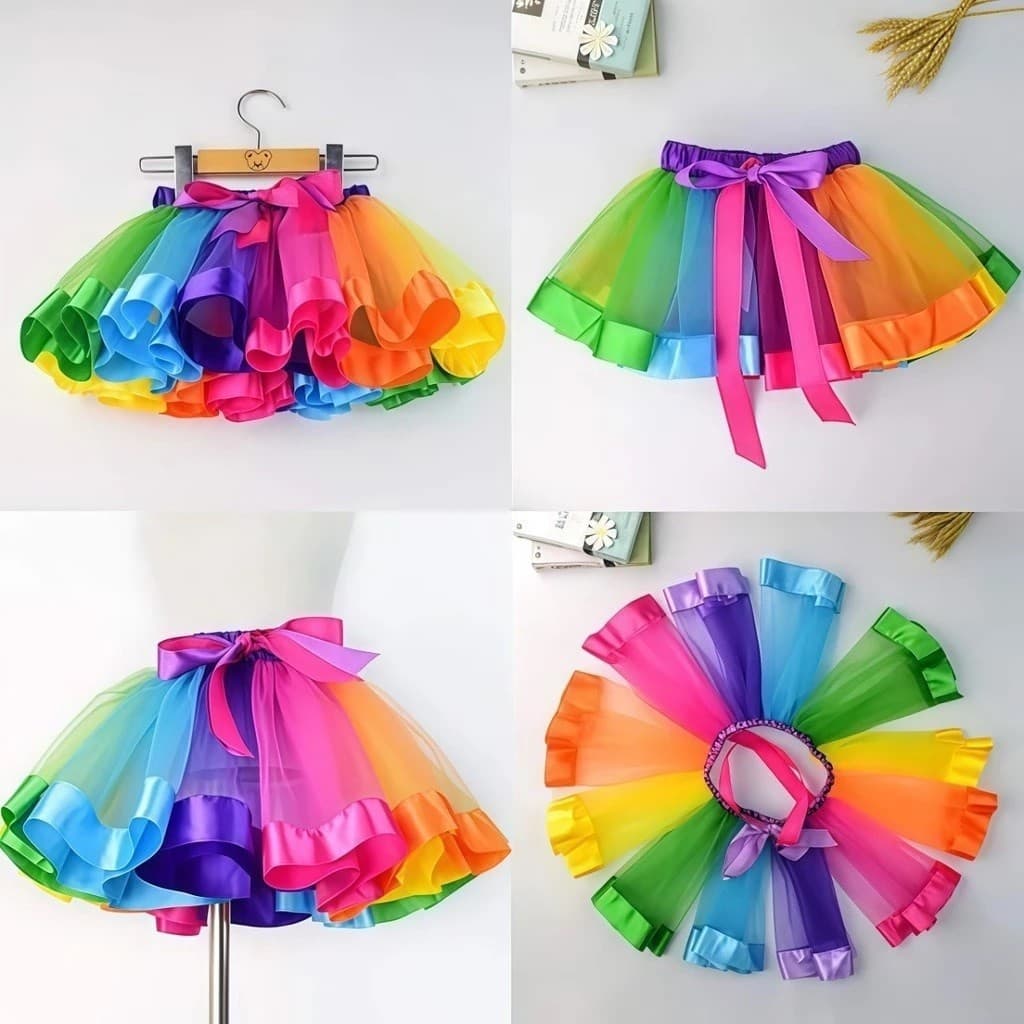 Kit Conjunto Luva/Meia/Saia Tule Arco-Íris Adulto-Tule Colorido para Festas e Carnaval