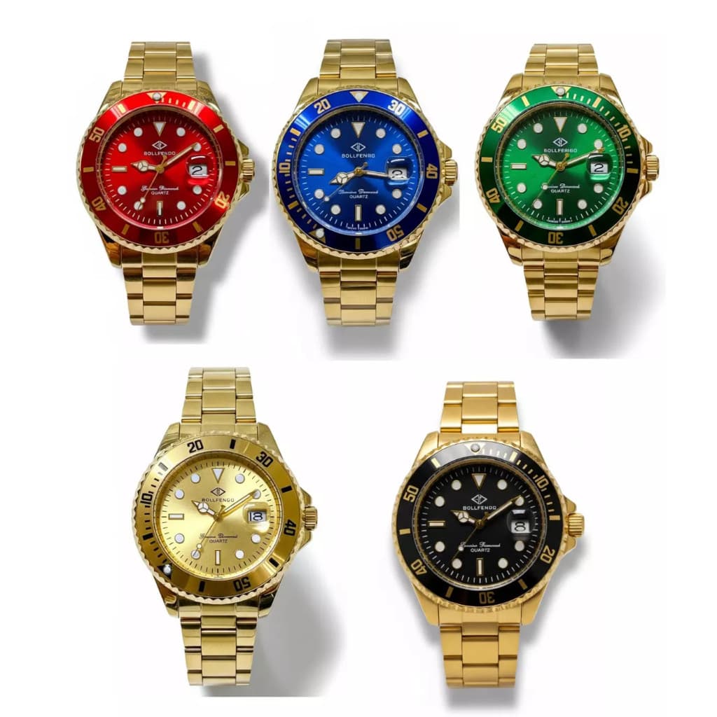 Relógio Masculino Bollfendo Submariner Dourado Original Aço Inoxidável Pulseira Ajustável Calendário Quartzo Elegante