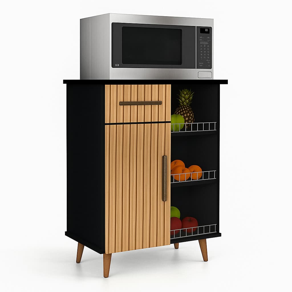 Fruteira Armário Balcão com Suporte para Microondas com Gaveta, Porta e Pés Palito - Cor Preto Ripado