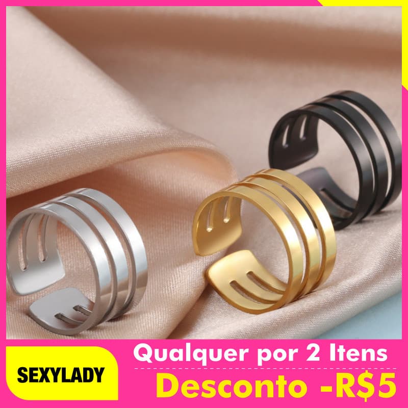 Anel Geométrico Ajustável de Aço Inoxidável Feminino Masculino Preto Dourado Brilhante Anel de Casal, acessórios, presen