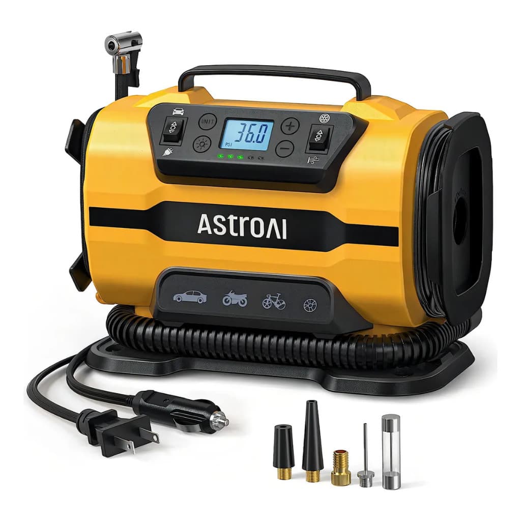 Bomba de Ar Portátil AstroAI 150 PSI 12V/110V Motores Duplos LED para Pneus