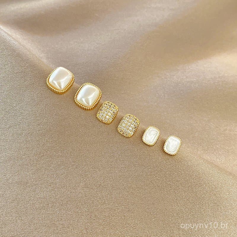 Brincos de Prata com Pérolas e Diamantes para Mulheres, Brincos Simples e Exquisitos, Estilo Coreano e Japonês, Conjunto