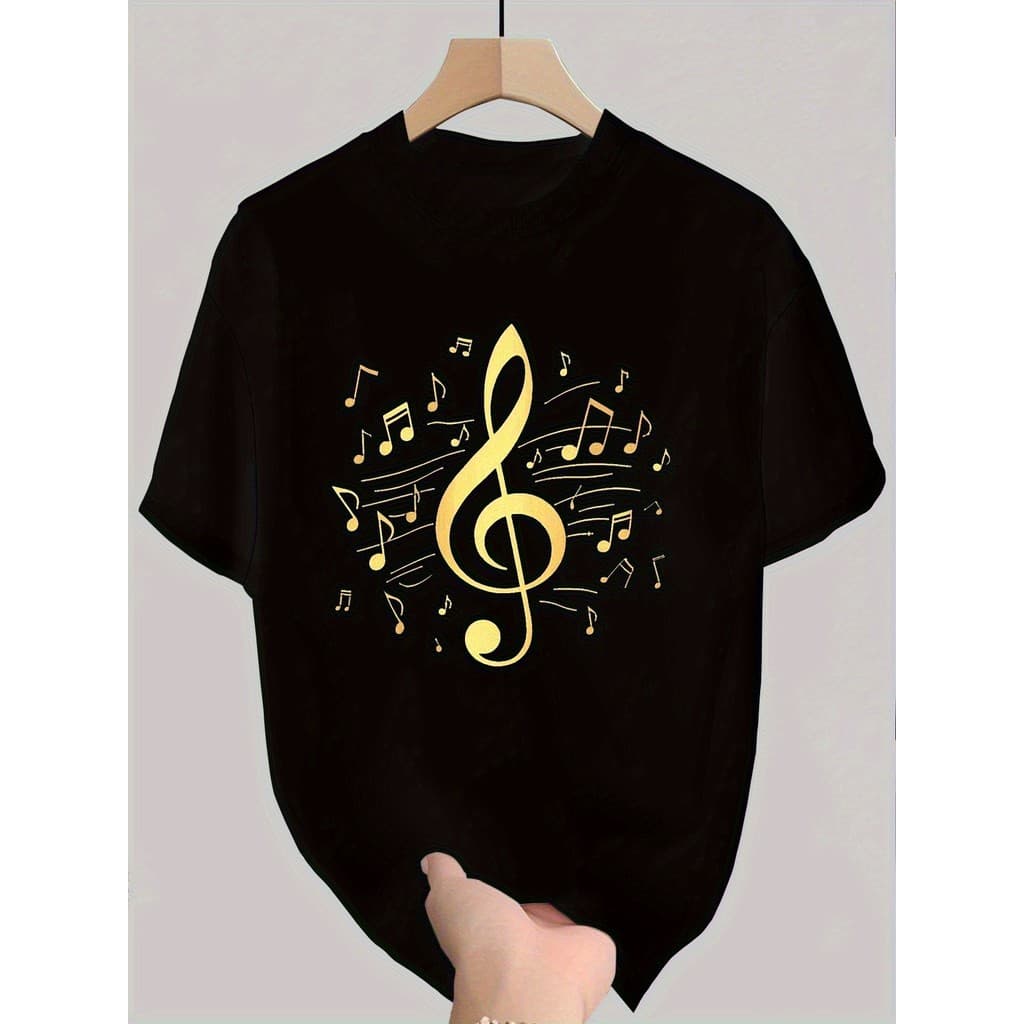 T-shirt casual de algodão preto para homem com estampa de tríade dourada e notas musicais - Manga , decote redondo, ajus