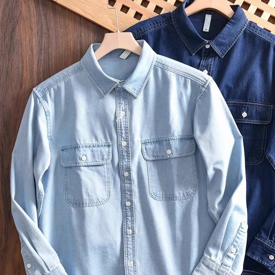 2025 primavera outono novo estilo americano Retro resistente ao desgaste camisa jeans masculina Casual All-Match solto t