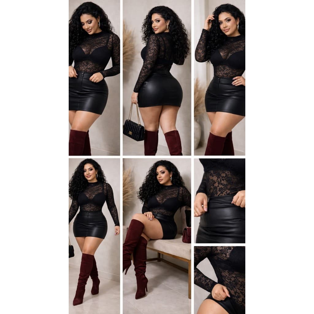 Conjunto Feminino Plus Size Luxo Body Transparência E Saia - Inverno