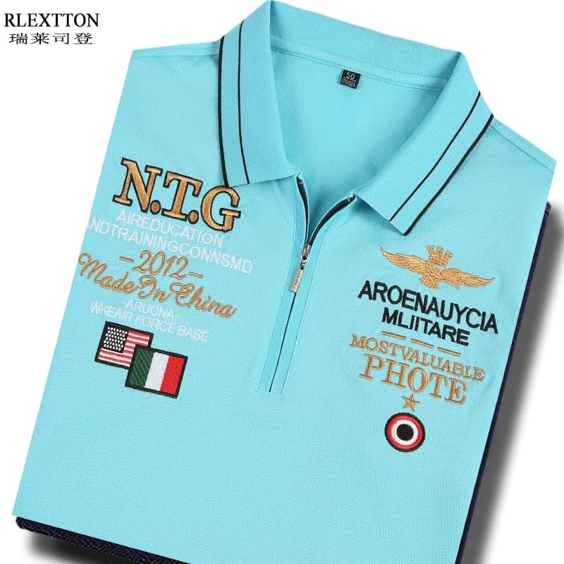 Verão de manga curta com zíper camiseta masculina lapela camisa POLO high-end bordado t Casual gelo mercerizado algodão