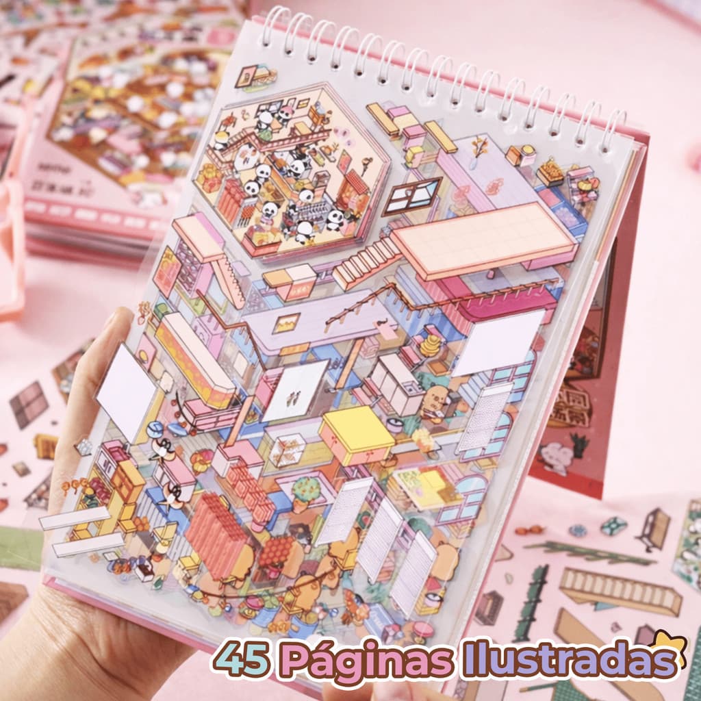 Livro de Cenários Adesivos 3D Kawaii Caderno DIY Scrapbooking Paisagismo Fofo Adesivo de Gel Cola e Descola