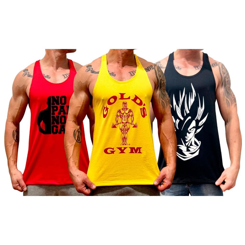 Kit 3 Regatas Academia Cavada Masculina Fitness Musculação Treino Cross Fit Estampadas Old School Tamanho P M G GG