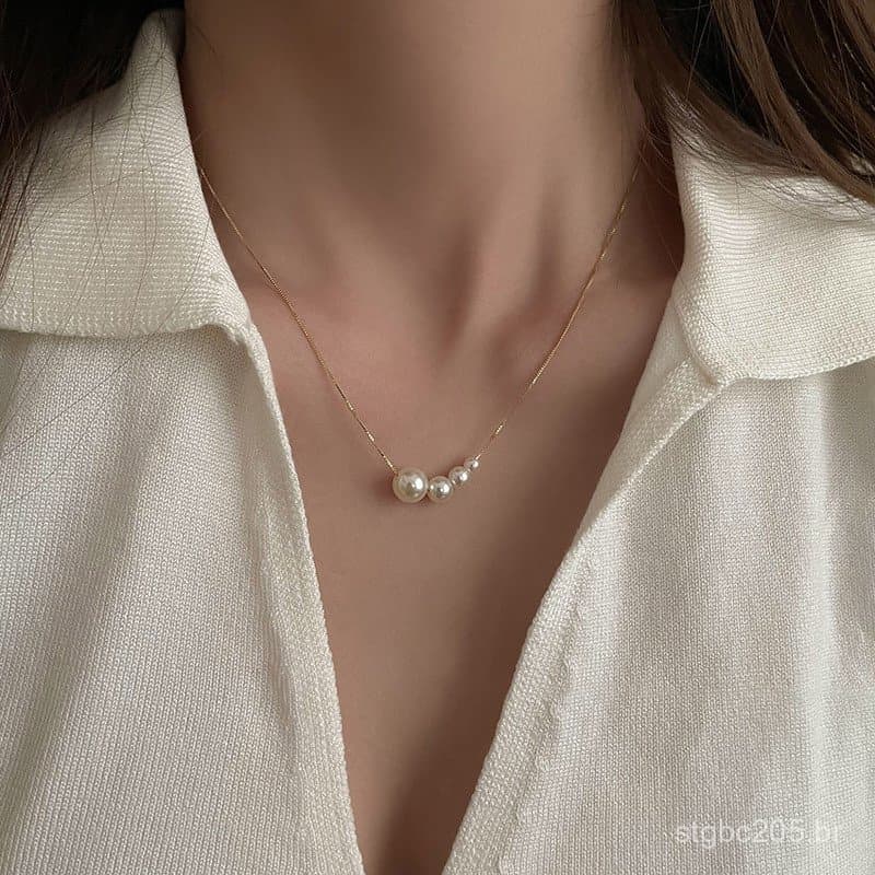 Colar de pérolas banhado a ouro verdadeiro, design minimalista coreano, corrente de clavícula elegante e moderna, colar
