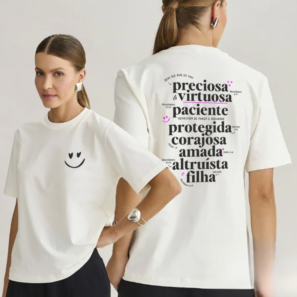 Camisa de Algodão Branca para Mulheres com Carimbo de Smiley e Frases Inspiradoras, Ideal para Ocasions Diárias