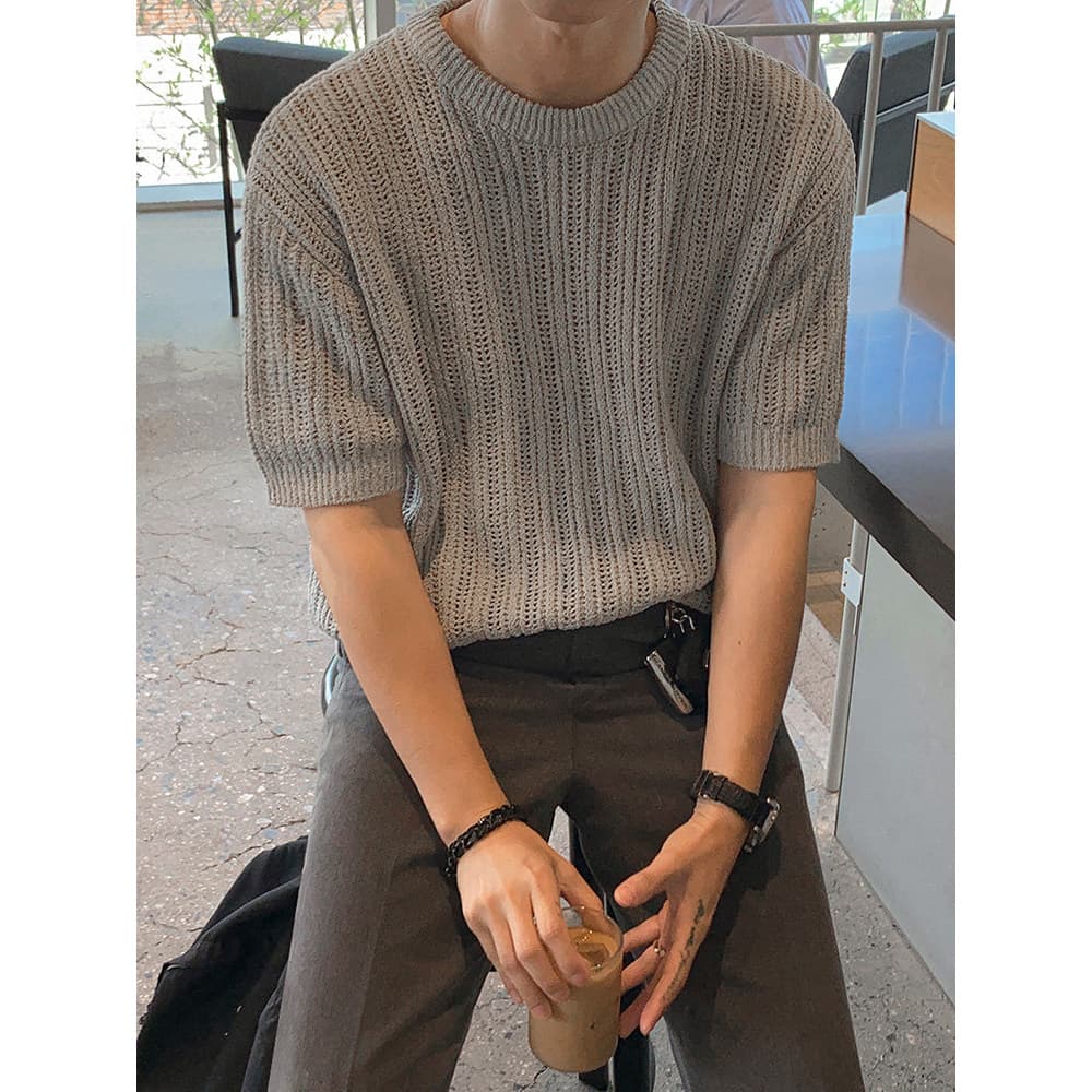 MRCYC Design sentido oco malhas camiseta masculina verão solto em torno do pescoço manga curta estilo coreano na moda Al
