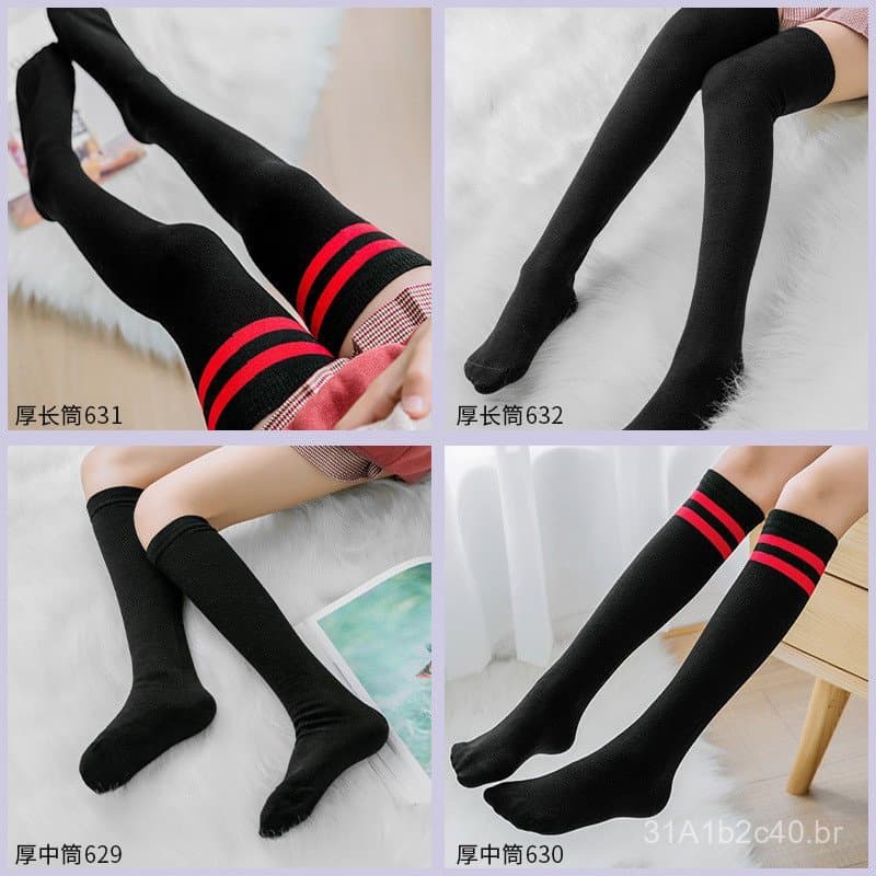 Meias altas até o joelho, estilo universitário japonês, em algodão penteado, espessas, de alta elasticidade, listradas e