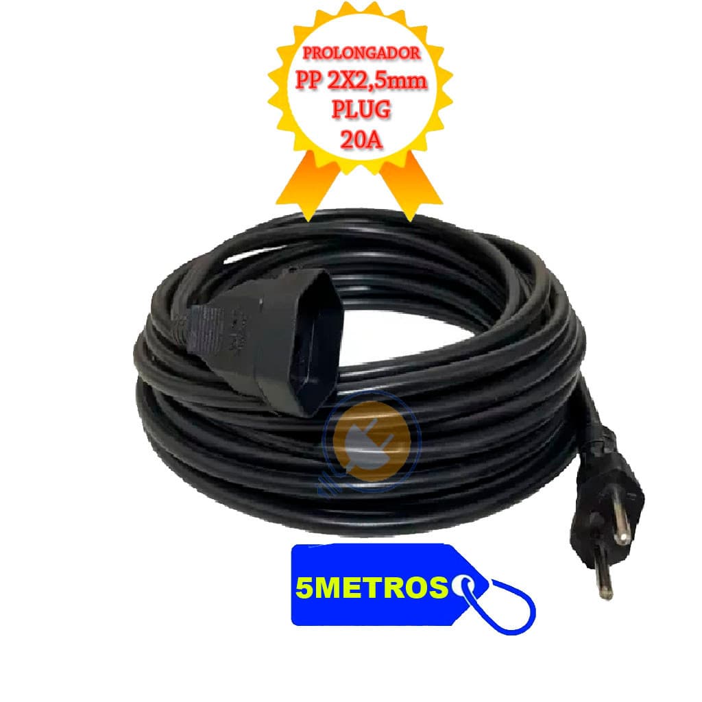 Prolongador Extensão Elétrica 05 Metros 20A Cabo Pp2x2,5mm Plug Bipolar Injetado