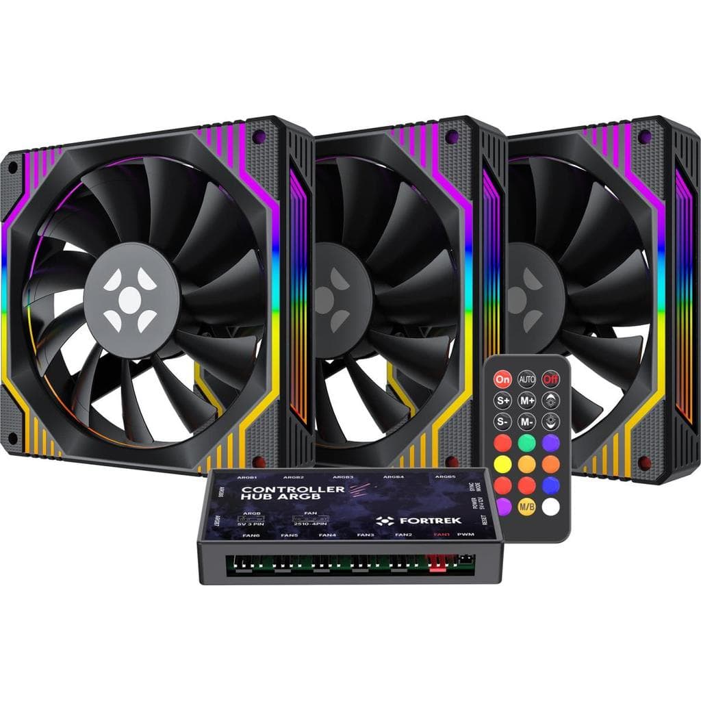 Kit 3 Cooler Fan Argb Fortrek Frosty Preto Com Controladora/Controle