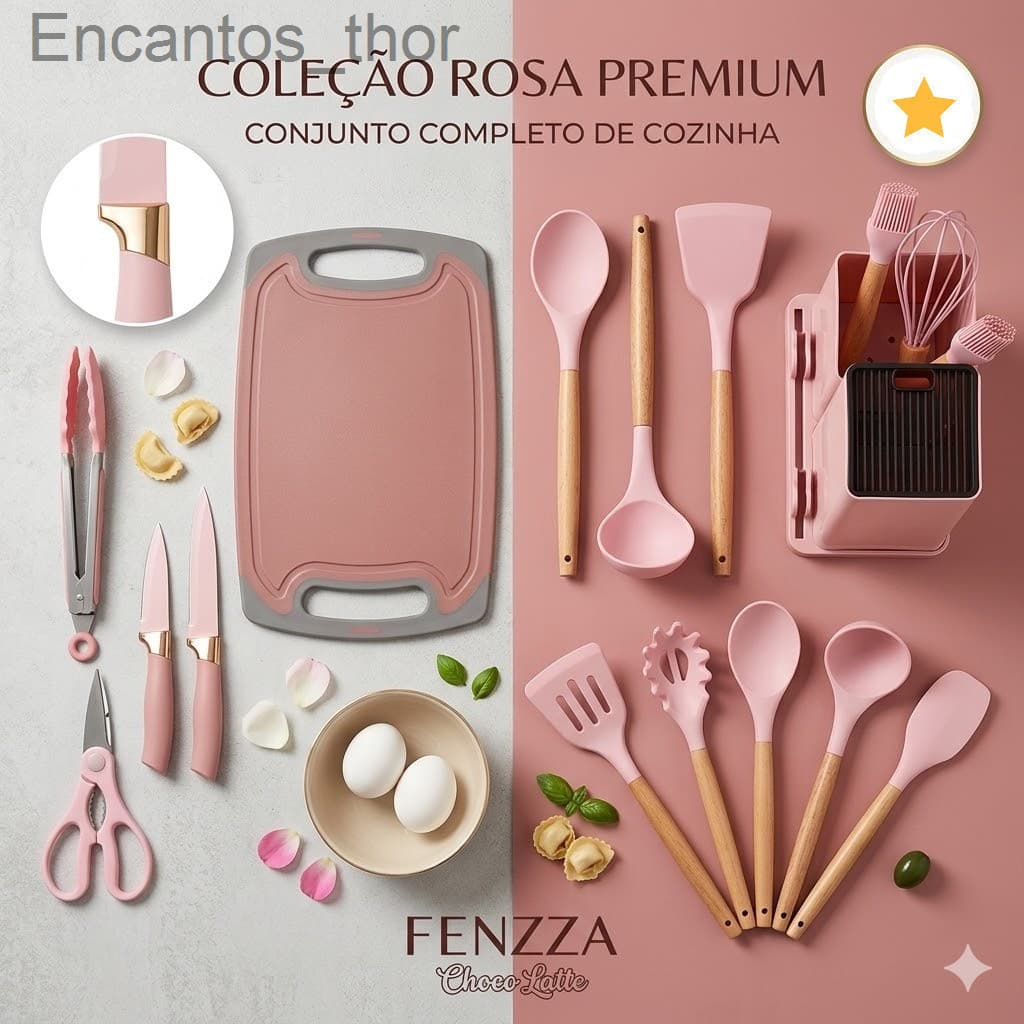 Kit Completo de Utensílios de Cozinha 19 Peças, Suporte Organizador – Silicone Resistente e Cabo AmadeiradoWMC1