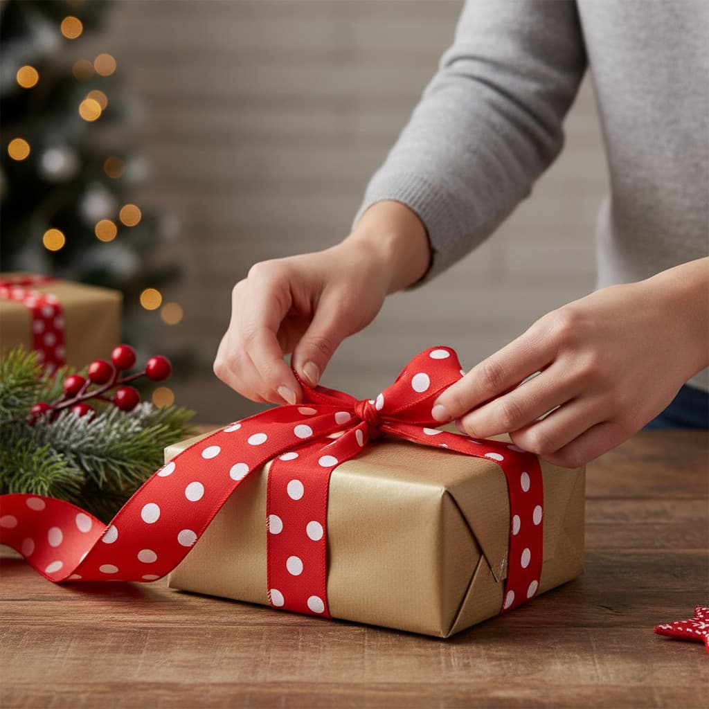 Fita De Natal Vermelha e Bolinhas Brancas 9,14mt X 50mm Enfeite