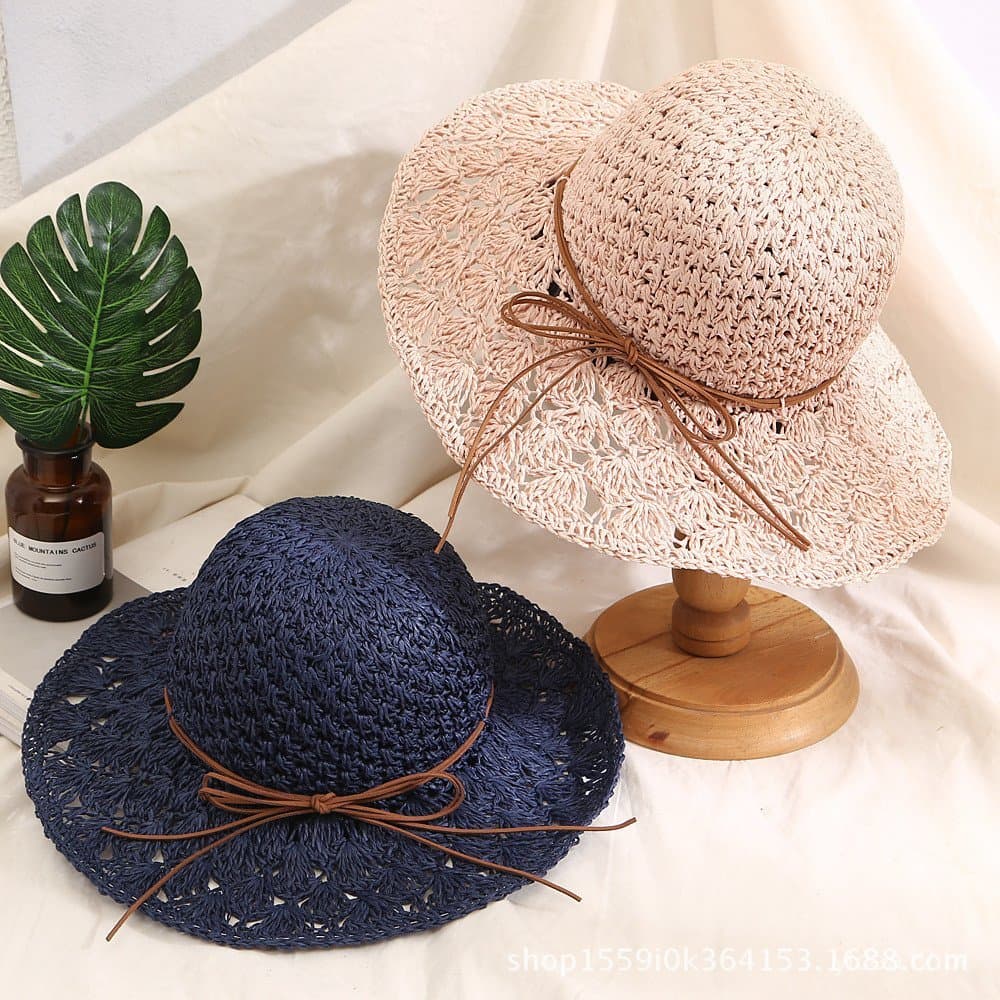 Chapéu de palha artesanal estilo coreano com flor de abacaxi, aba larga, laço dobrável, chapéu de pescador feminino para