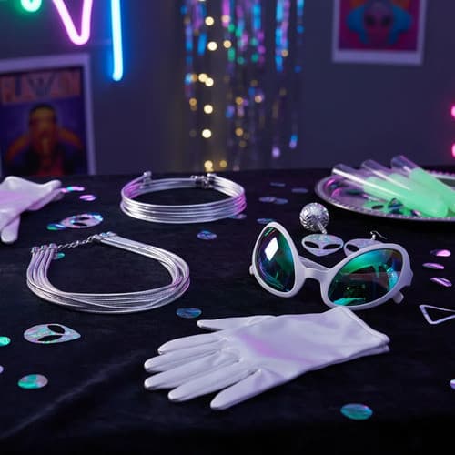 Kit Allien Festa Fantasia Luvas Colar Brinco Oculos Grampo