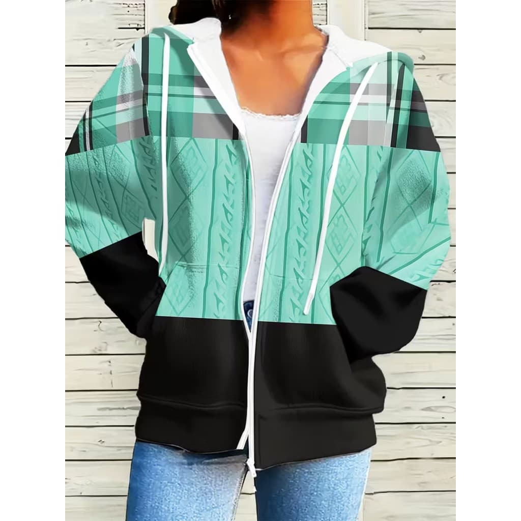 Zíper feminino com capuz e estampa completa 3D, Design exclusivo da moda, jaqueta casual de manga comprida com zíper com