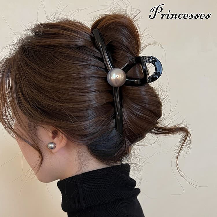 Grande Grampo De Cabelo Pérola Preta Feminino Simples Minimalista Acessórios Retro Garra Clipe Para Parte De Trás Da Cab