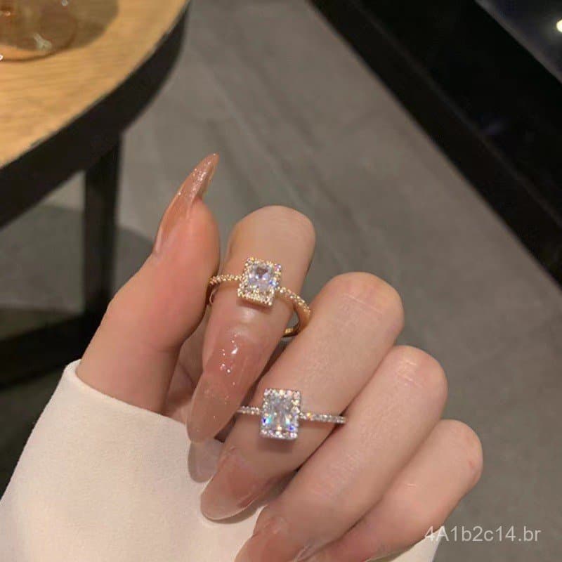 Anel aberto quadrado com microincrustações de zircônia, estilo coreano de Dongdaemun, elegante e moderno, com uma estéti