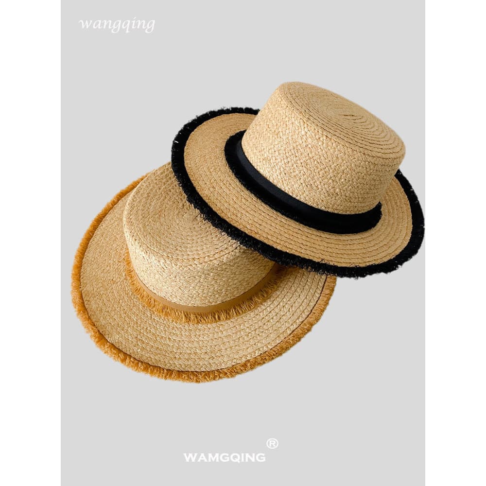Chapéu de palha de ráfia feminino verão viagem lazer férias chapéu de sol aba plana panamá chapéu de praia desgastado ve