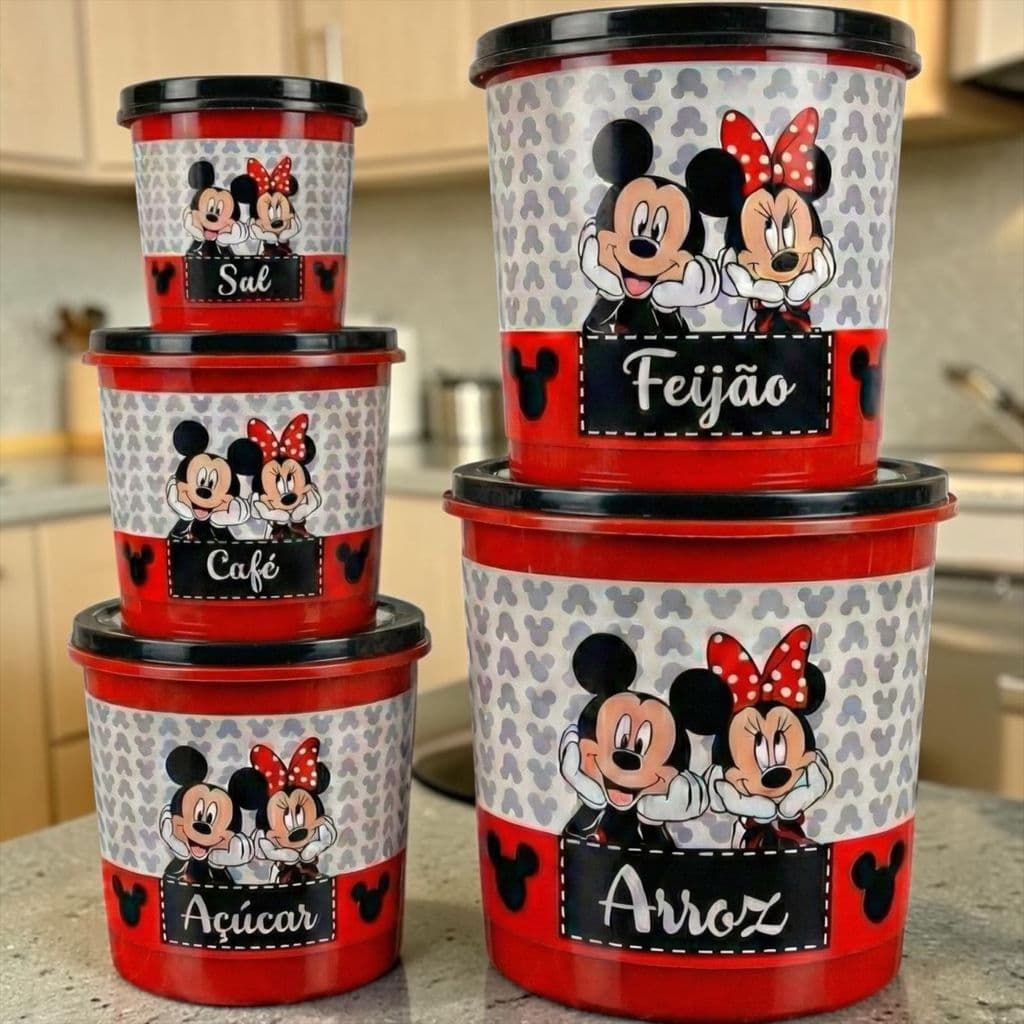 Conjunto 5 Potes de Mantimentos Retrô Mickey Vermelho